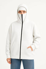 Kadın Samuray Ninja Çift Kapüşonlu Maske Detaylı 3 İplik Hoodie - Beyaz