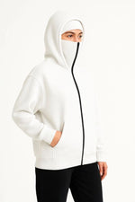 Kadın Samuray Ninja Çift Kapüşonlu Maske Detaylı 3 İplik Hoodie - Beyaz