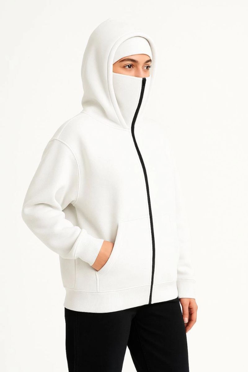 Kadın Samuray Ninja Çift Kapüşonlu Maske Detaylı 3 İplik Hoodie - Beyaz