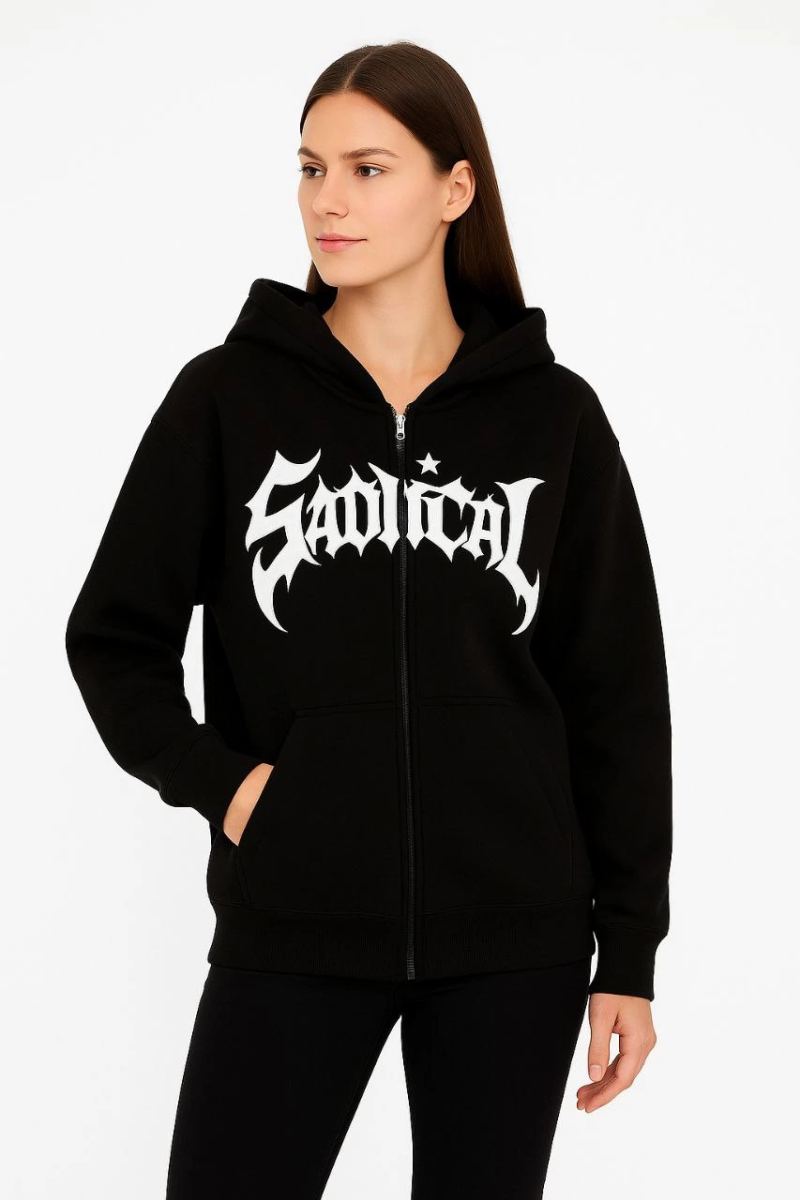 Kadın Kapüşonlu 3 İplik Şardonlu Önü Baskılı Fermuarlı Oversize Sweatshirt - Siyah