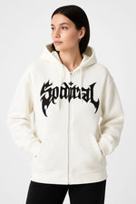 Kadın Kapüşonlu 3 İplik Pamuklu Önü Baskılı Fermuarlı Oversize Hoodie Sweatshirt - Beyaz
