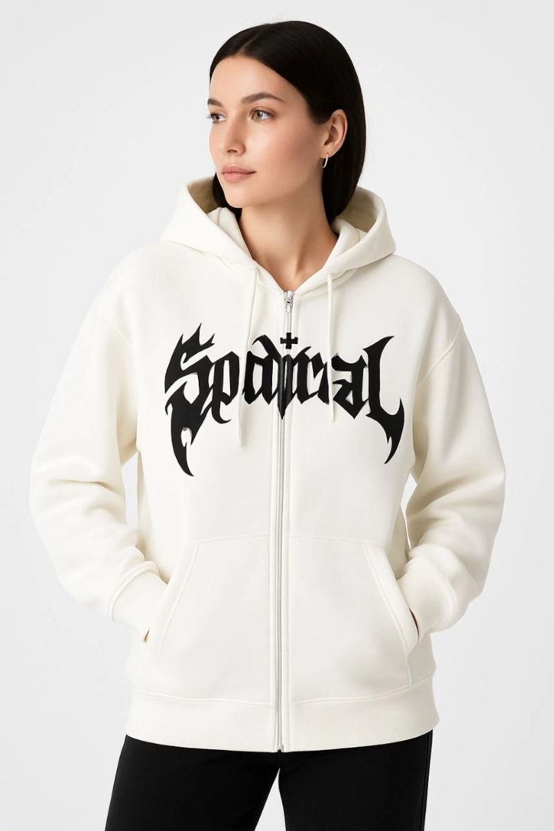Kadın Kapüşonlu 3 İplik Pamuklu Önü Baskılı Fermuarlı Oversize Hoodie Sweatshirt - Beyaz