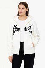 Kadın Kapüşonlu 3 İplik Pamuklu Önü Baskılı Fermuarlı Oversize Hoodie Sweatshirt - Beyaz