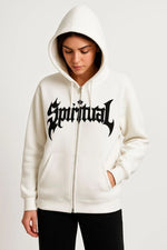 Kadın Kapüşonlu 3 İplik Pamuklu Önü Baskılı Fermuarlı Oversize Hoodie Sweatshirt - Beyaz