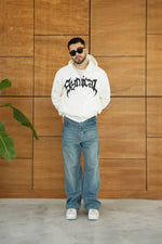 Erkek Kapüşonlu 3 İplik Şardonlu Önü Baskılı Fermuarlı Oversize Sweatshirt - Beyaz