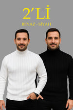 Erkek Fitilli Kazak Tam Boğazlı Balıkçı Yaka Triko 2'li Set Beyaz-Siyah