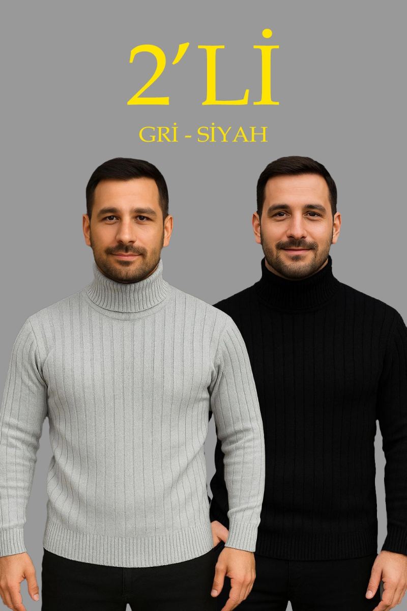 Erkek Fitilli Kazak Tam Boğazlı Balıkçı Yaka Triko 2'li Set Gri-Siyah