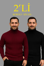 Erkek Fitilli Kazak Tam Boğazlı Balıkçı Yaka Triko 2'li Set Bordo-Siyah