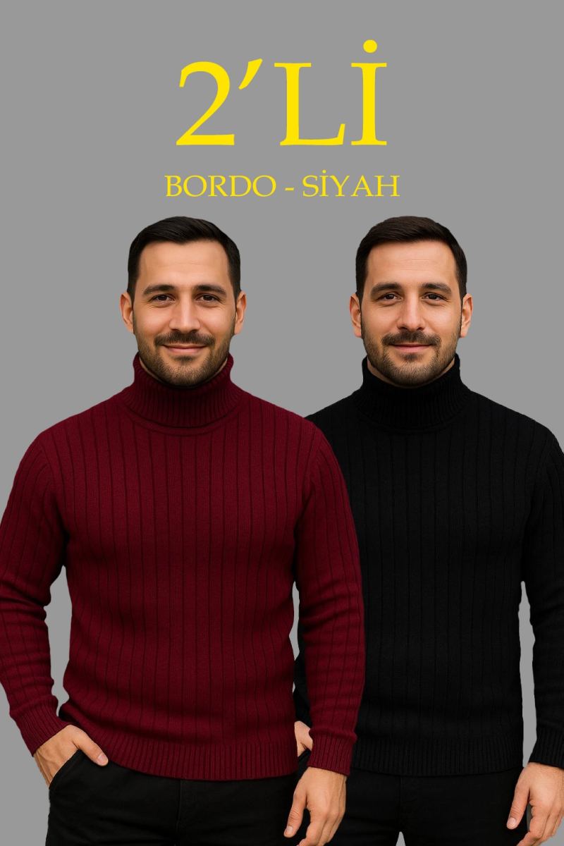 Erkek Fitilli Kazak Tam Boğazlı Balıkçı Yaka Triko 2'li Set Bordo-Siyah