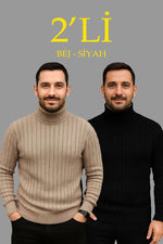 Erkek Fitilli Kazak Tam Boğazlı Balıkçı Yaka Triko 2'li Set Bej-Siyah