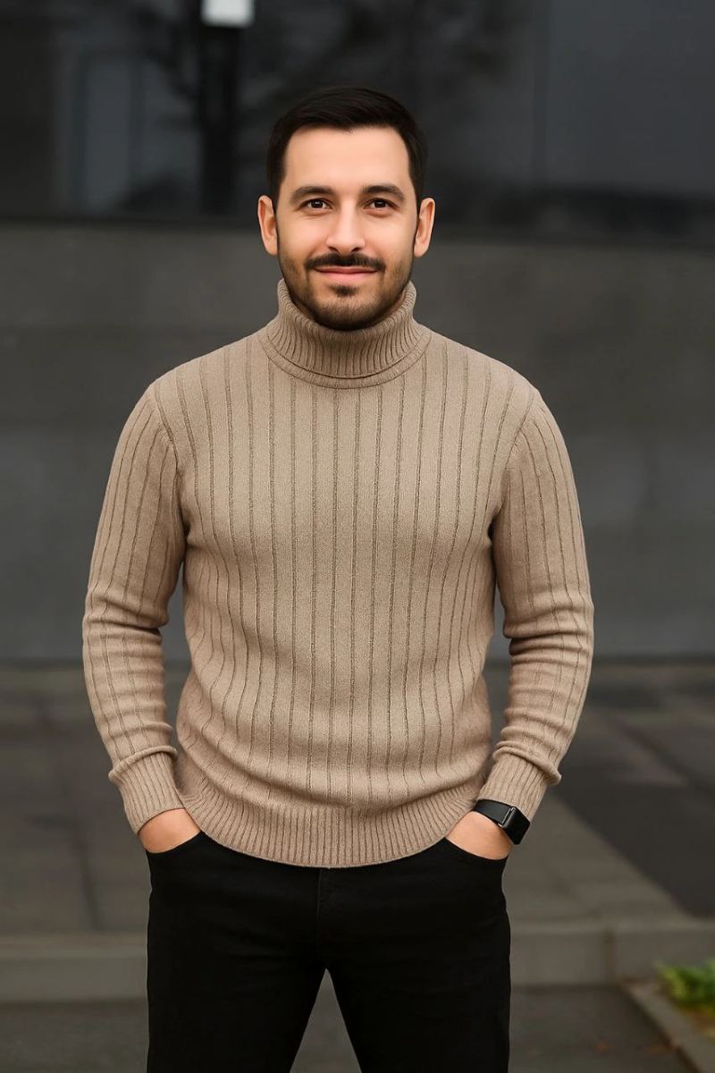 Erkek Fitilli Kazak Tam Boğazlı Balıkçı Yaka Triko 2'li Set Bej-Siyah
