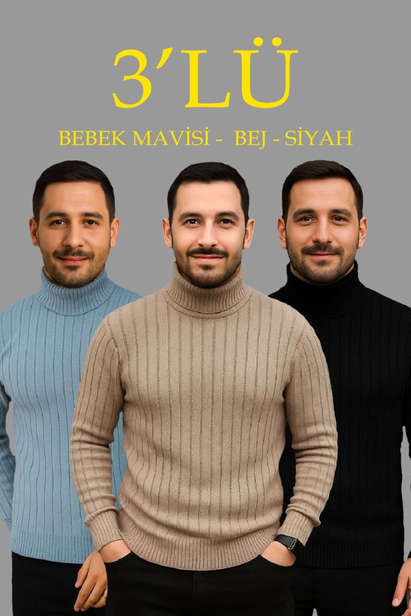 Erkek Fitilli Kazak Tam Boğazlı Balıkçı Yaka Triko 3'lü Set Bebek Mavisi-Bej-Siyah