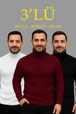 Erkek Fitilli Kazak Tam Boğazlı Balıkçı Yaka Triko 3'lü Set Beyaz-Bordo-Siyah