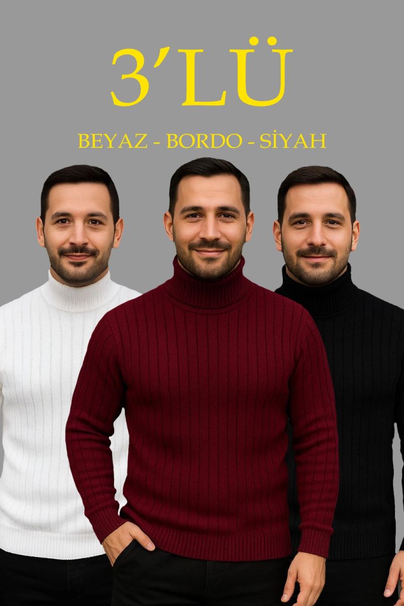 Erkek Fitilli Kazak Tam Boğazlı Balıkçı Yaka Triko 3'lü Set Beyaz-Bordo-Siyah