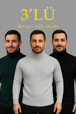 Erkek Fitilli Kazak Tam Boğazlı Balıkçı Yaka Triko 3'lü Set  Gri-Haki-Siyah