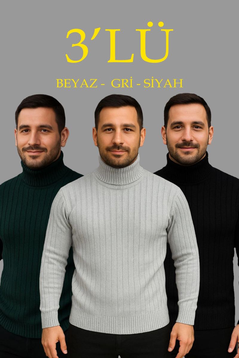 Erkek Fitilli Kazak Tam Boğazlı Balıkçı Yaka Triko 3'lü Set  Gri-Haki-Siyah