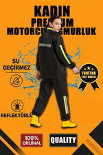 Kadın Premium Motorcu Kurye Yağmurluk Takım Su Geçirmez PVC Reflektörlü Siyah