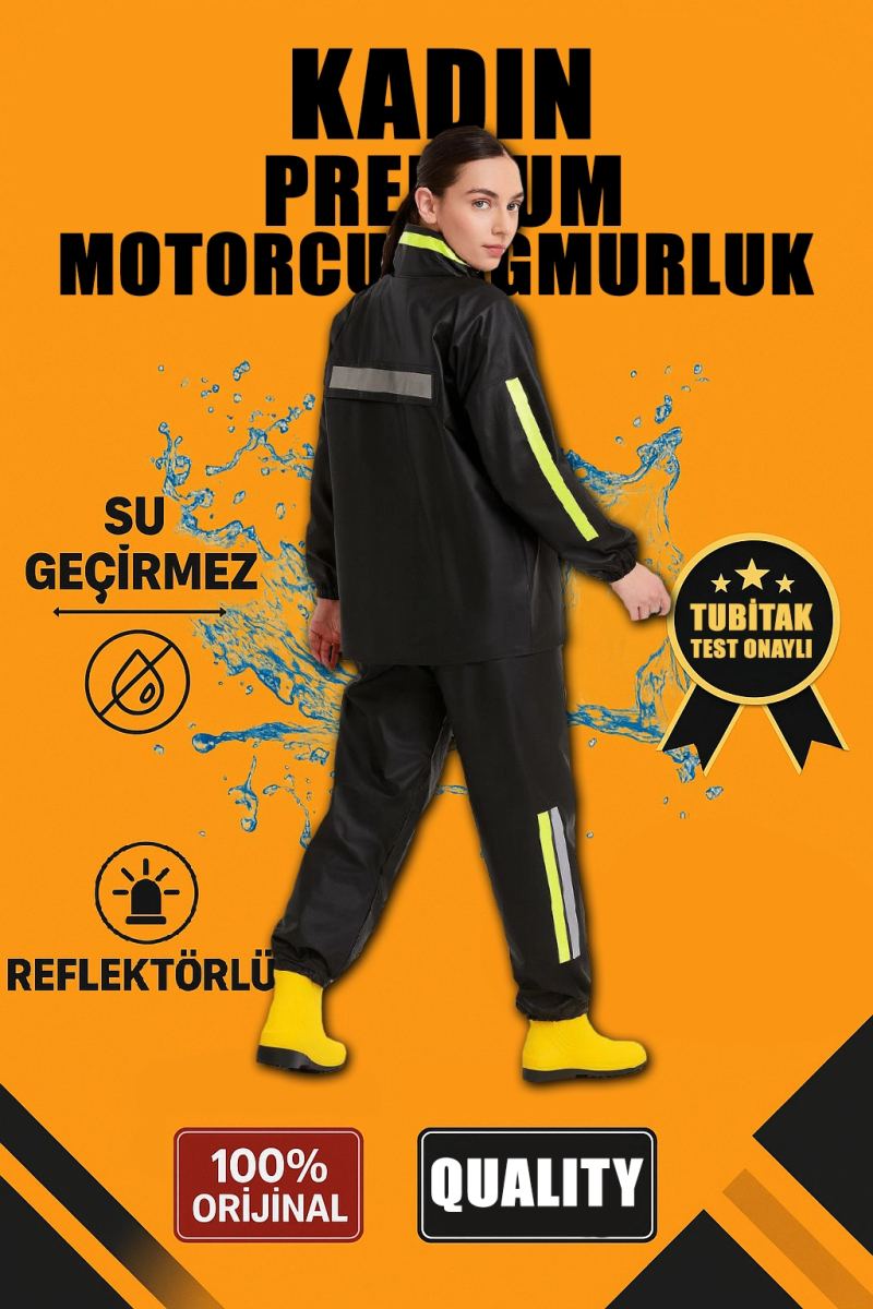 Kadın Premium Motorcu Kurye Yağmurluk Takım Su Geçirmez PVC Reflektörlü Siyah