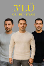 Erkek Fitilli Triko Kazak 3'lü Set Bej Gri Siyah Bisiklet Yaka Regular Fit