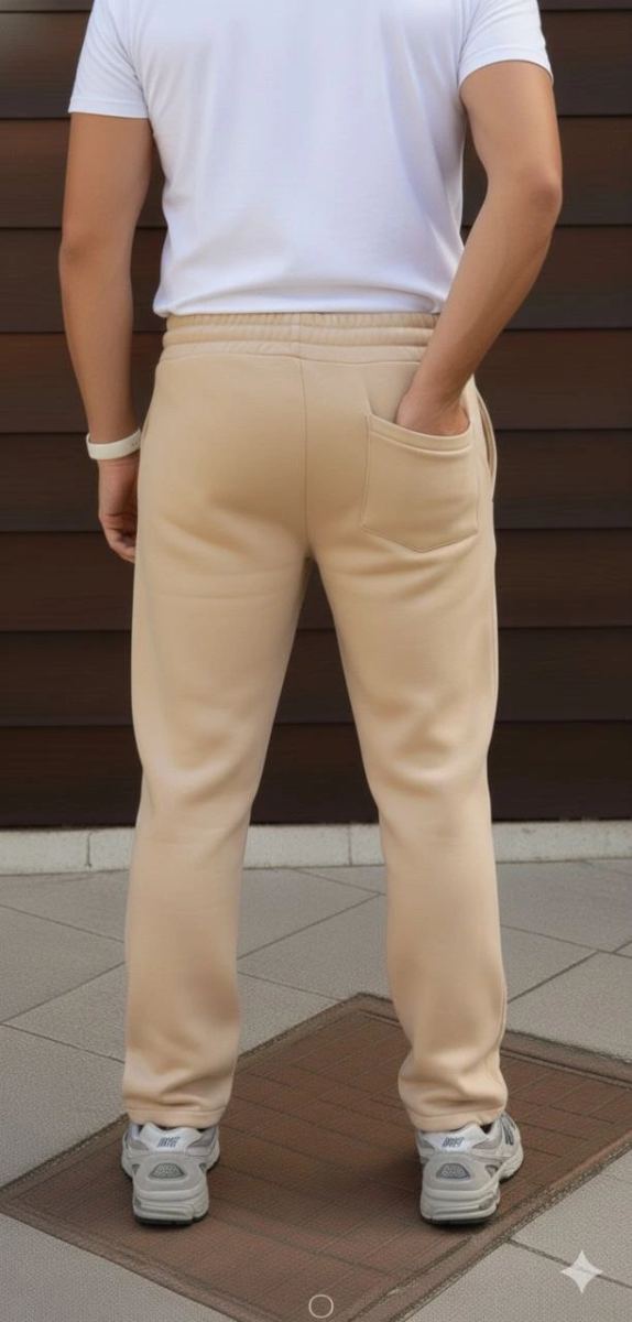 Erkek 3 iplik Kışlık Pamuklu Oversize Bağcıklı Düz Paça Cepli Eşofman Altı Pantolon - Bej