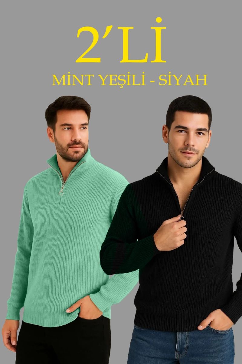 Erkek Fitilli Triko Kazak 2’li Set Mint Yeşili Siyah Kalın Dokuma Pamuklu Regular Fit V