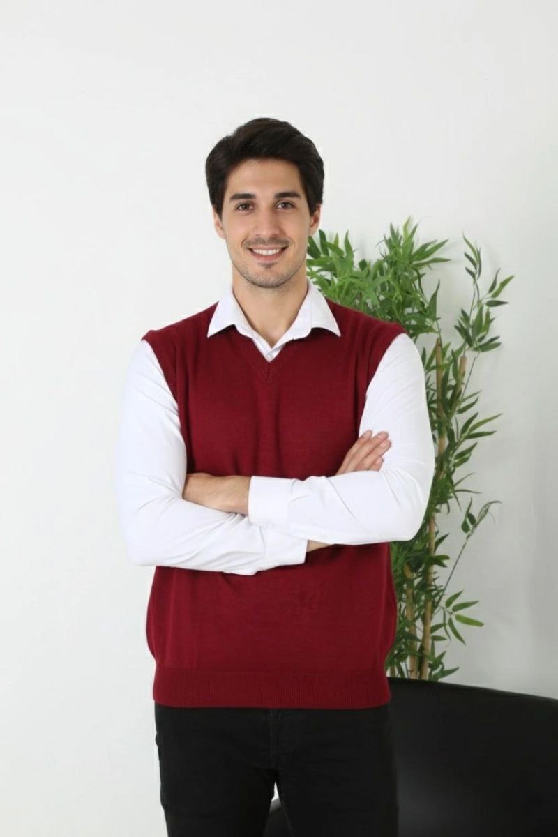 Erkek V Yaka Kolsuz Süveter Triko Yumuşak Dokulu İnce Yelek - Bordo