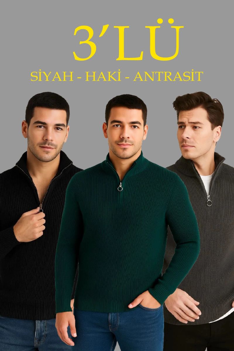 Erkek Fitilli Triko Kazak 3’lü Set Haki Siyah Antrasit Kalın Dokuma Pamuklu Regular Fit V