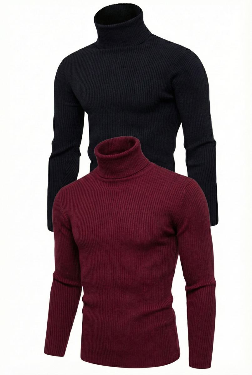 Erkek Kaşkorse Boğazlı Likralı Fitilli Slim Fit Body 2'li Set Siyah-Bordo