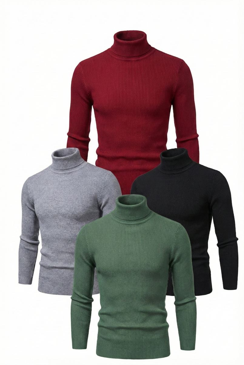Erkek Kaşkorse Boğazlı Likralı Fitilli Slim Fit Body 4'lü Set Siyah-Bordo-Gri-Haki