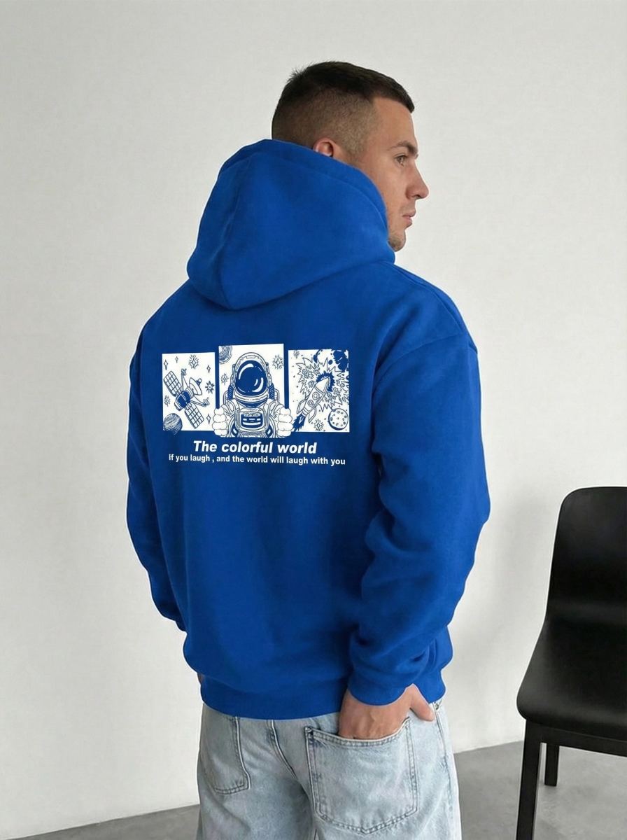 Erkek Baskılı Kapüşonlu Cepli Hoodie 3 İplik Pamuklu Sweatshirt - Saks Mavisi