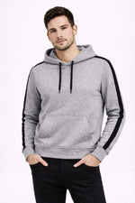 Erkek Şeritli Kapüşonlu Sweatshirt Oversize 3 iplik Pamuklu Hoodie - Gri