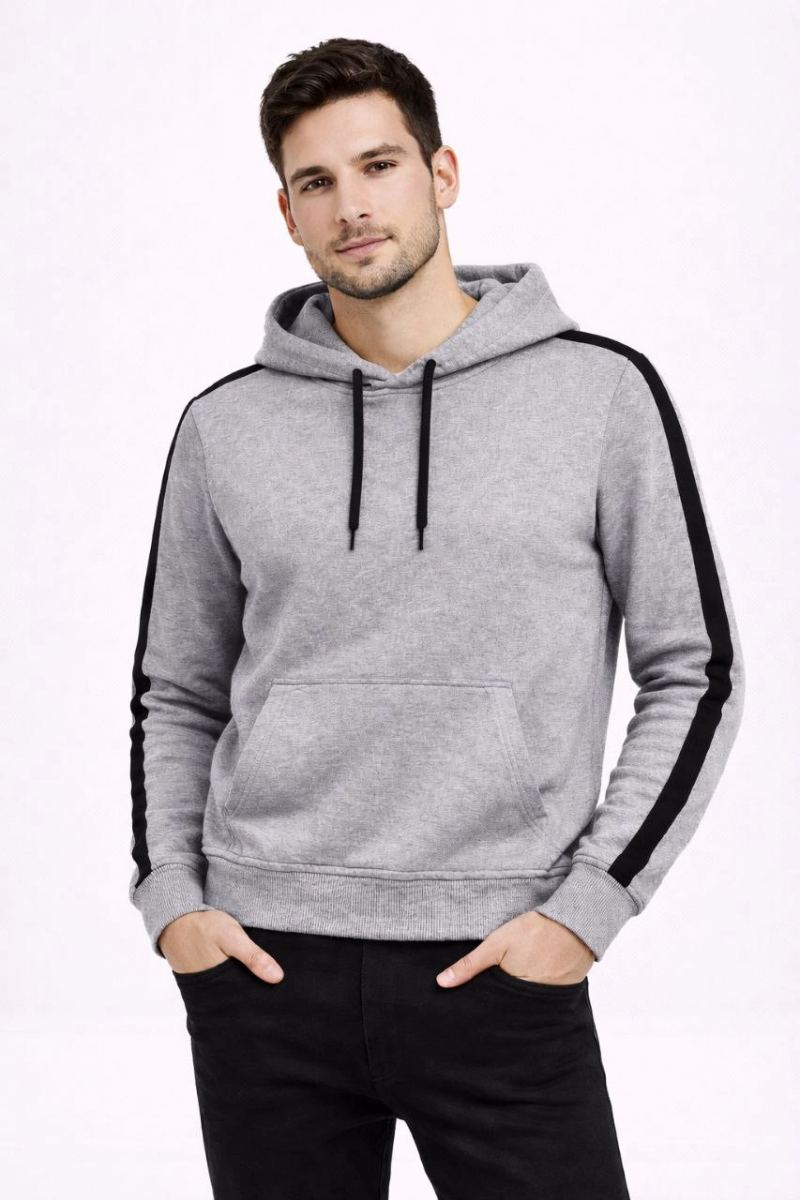 Erkek Şeritli Kapüşonlu Sweatshirt Oversize 3 iplik Pamuklu Hoodie - Gri