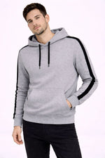 Erkek Şeritli Kapüşonlu Sweatshirt Oversize 3 iplik Pamuklu Hoodie - Gri