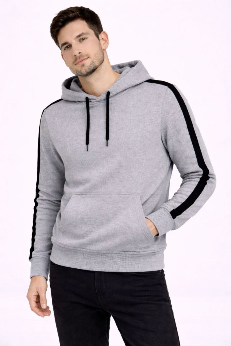 Erkek Şeritli Kapüşonlu Sweatshirt Oversize 3 iplik Pamuklu Hoodie - Gri