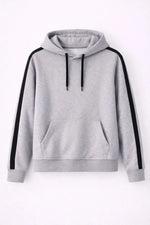 Erkek Şeritli Kapüşonlu Sweatshirt Oversize 3 iplik Pamuklu Hoodie - Gri