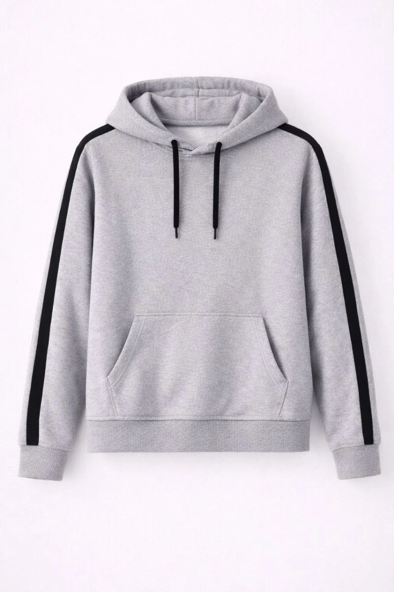 Erkek Şeritli Kapüşonlu Sweatshirt Oversize 3 iplik Pamuklu Hoodie - Gri