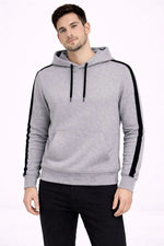 Erkek Şeritli Kapüşonlu Sweatshirt Oversize 3 iplik Pamuklu Hoodie - Gri