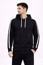 Erkek Şeritli Kapüşonlu Sweatshirt Oversize 3 iplik Pamuklu Hoodei - Siyah