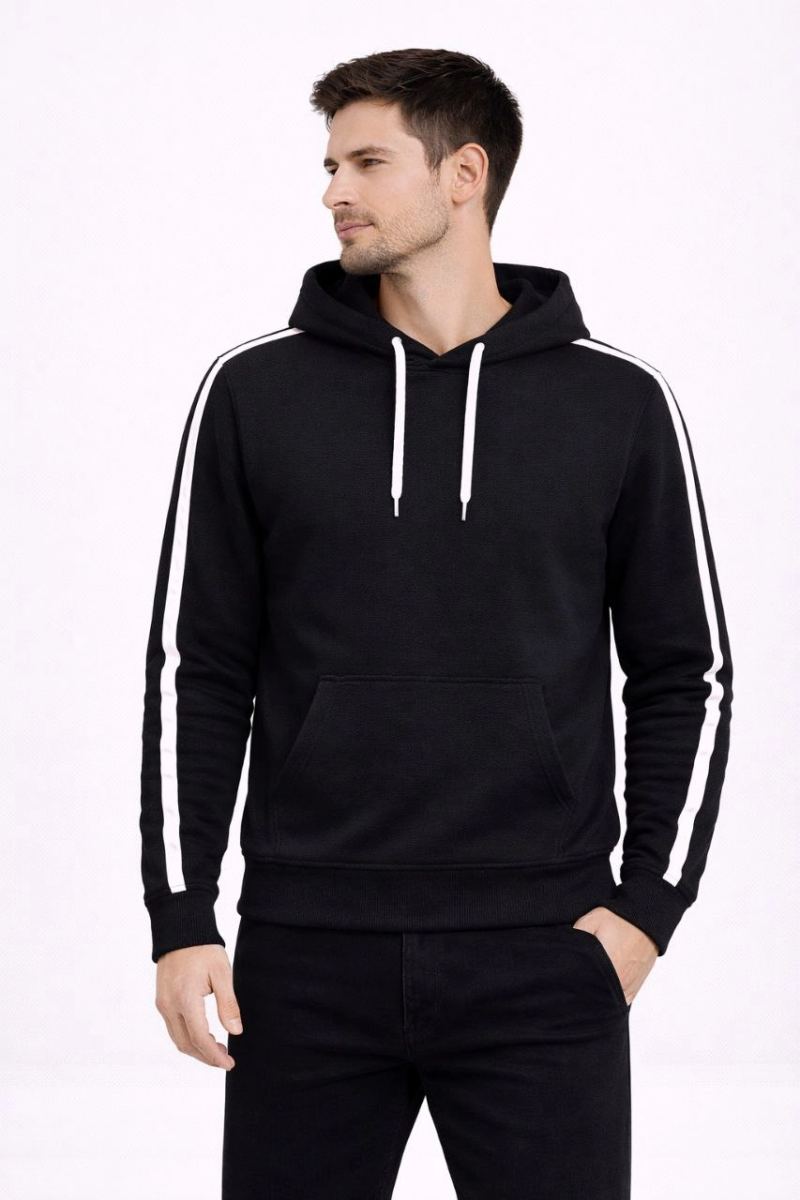 Erkek Şeritli Kapüşonlu Sweatshirt Oversize 3 iplik Pamuklu Hoodei - Siyah