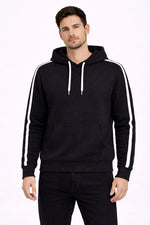 Erkek Şeritli Kapüşonlu Sweatshirt Oversize 3 iplik Pamuklu Hoodei - Siyah