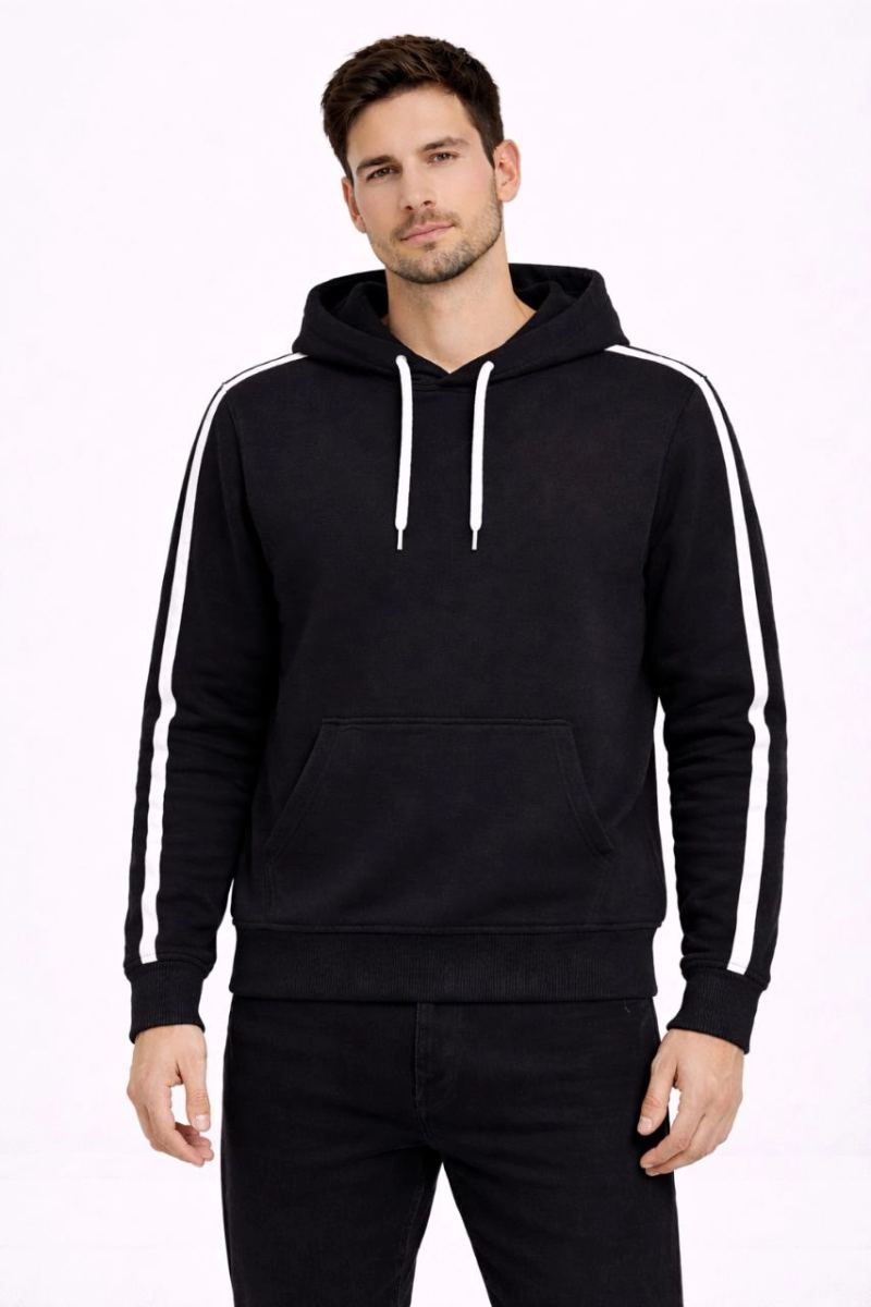 Erkek Şeritli Kapüşonlu Sweatshirt Oversize 3 iplik Pamuklu Hoodei - Siyah
