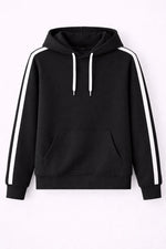 Erkek Şeritli Kapüşonlu Sweatshirt Oversize 3 iplik Pamuklu Hoodei - Siyah