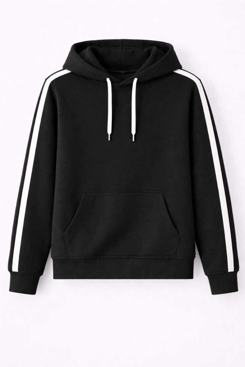 Erkek Şeritli Kapüşonlu Sweatshirt Oversize 3 iplik Pamuklu Hoodei - Siyah