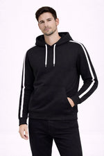 Erkek Şeritli Kapüşonlu Sweatshirt Oversize 3 iplik Pamuklu Hoodei - Siyah