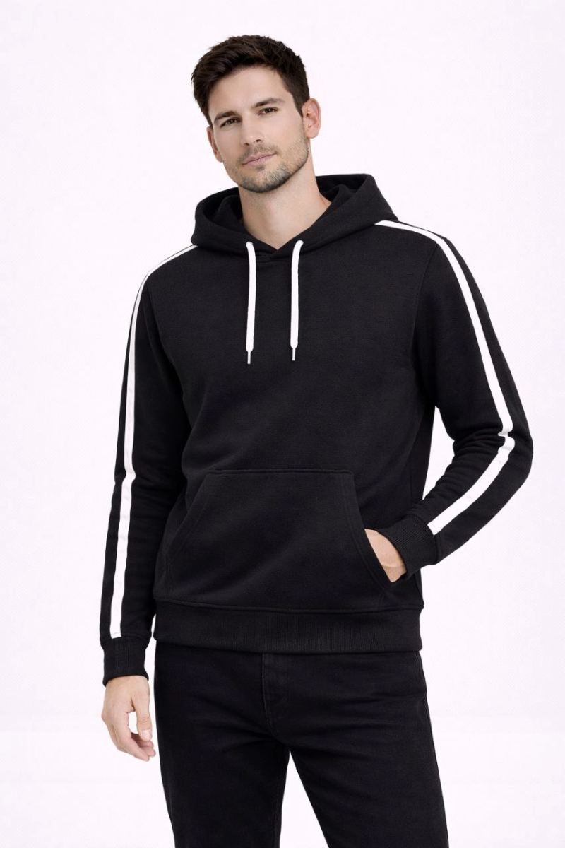 Erkek Şeritli Kapüşonlu Sweatshirt Oversize 3 iplik Pamuklu Hoodei - Siyah
