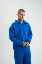 Erkek Açık Yakalı Oversize 3 İplik Pamuklu Sweatshirt - Mavii