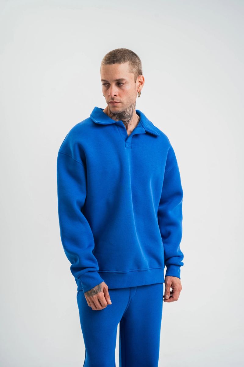 Erkek Açık Yakalı Oversize 3 İplik Pamuklu Sweatshirt - Mavii