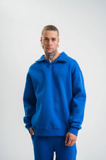 Erkek Açık Yakalı Oversize 3 İplik Pamuklu Sweatshirt - Mavii