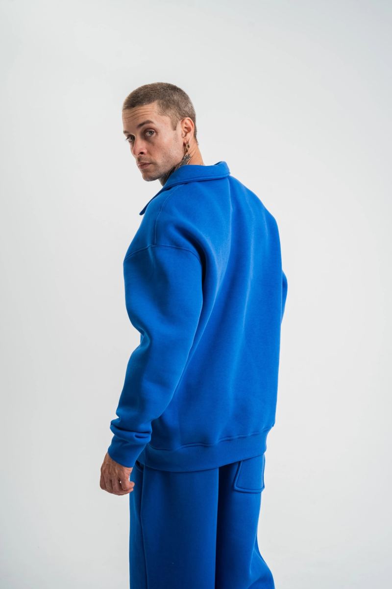 Erkek Açık Yakalı Oversize 3 İplik Pamuklu Sweatshirt - Mavii