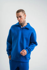 Erkek Açık Yakalı Oversize 3 İplik Pamuklu Sweatshirt - Mavii